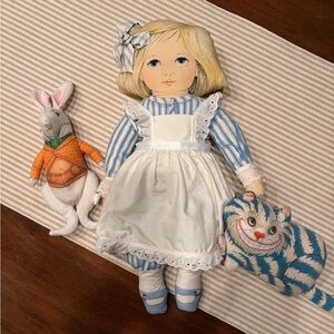 EUC Vintage Alice in Wonderland Doll, Rabbit and Cheshire Cat Set circa 1990s